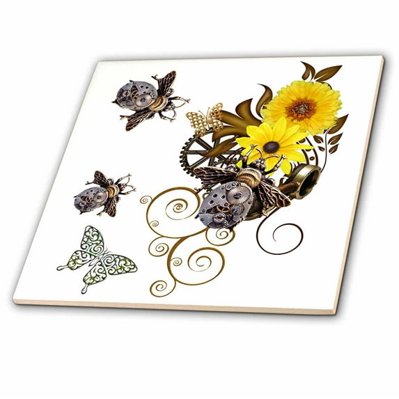 3dRose, Steampunk Bees and Flowers Funk Design, 4 Inch Ceramic Tile