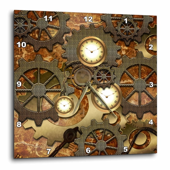 3drose, Steampunk Clocks Gears in Golden Design, 10x10 Wall Clock