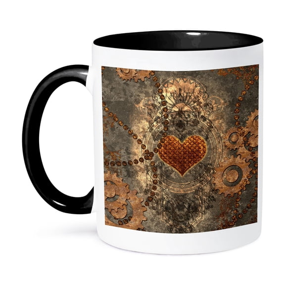 3dRose, Steampunk, heart and gears rusty metal, 15oz Two-Tone Black Mug