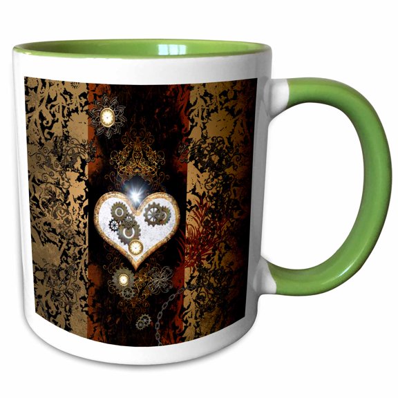 3drose, Steampunk Heart with Clocks and Gears, 15oz Two-tone Green Mug
