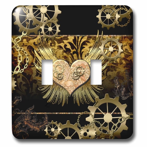 3dRose, Steampunk heart with clocks and gears golden design, double toggle switch