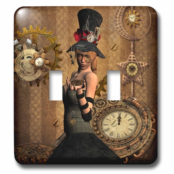 3dRose, Steampunk women with clocks and gears vintage design, double toggle switch