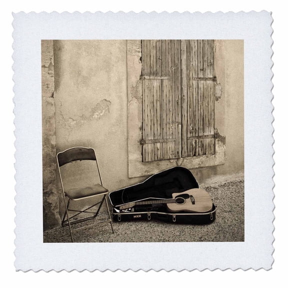 3dRose, Still Life with guitar, Village window, France - EU09 BTH0029 - Brenda Tharp, 8x8 inch quilt square