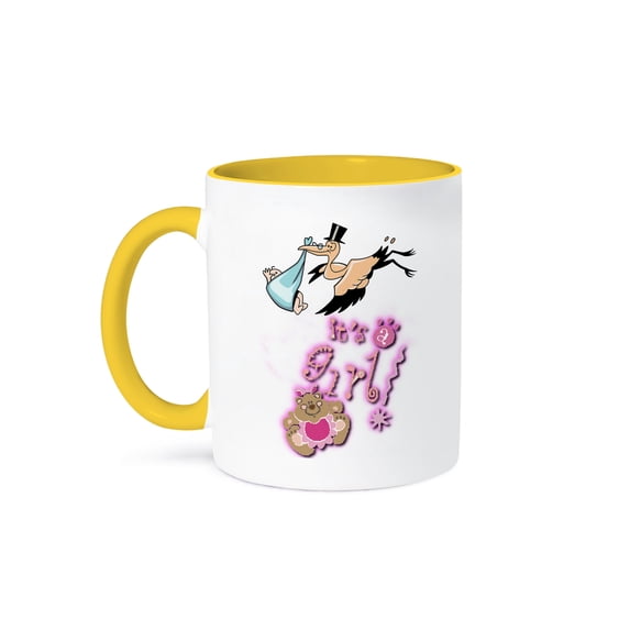 3dRose, Stork With Baby Its A Girl, 15oz Two-Tone Yellow Mug