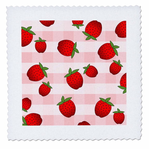 3dRose, Strawberry Print Fresh Red Strawberries on Pink Check, 10x10 inch quilt square