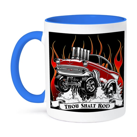 3dRose, Street rodder blasting through flames and popping wheelies, 11oz Two-Tone Blue Mug