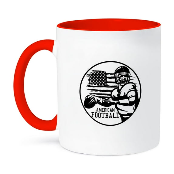 3drose, Stylish American Football Design, Player, Ball, Flag on White Gift, 15oz Two-tone Red Mug