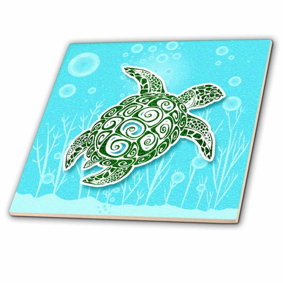 3dRose, Stylized Green Sea Turtle in Turquoise Blue Water Scrapbook Style, 12 Inch Ceramic Tile