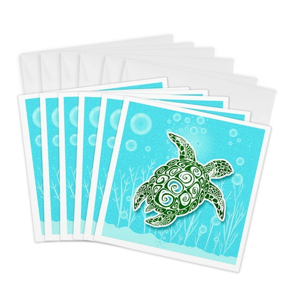 3drose, Stylized Green Sea Turtle in Turquoise Blue Water Scrapbook Style, 6 Greeting Cards with Envelopes