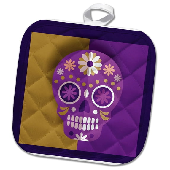 3dRose, Sugar Skull Purple Gold Decorated White Flowers, 8x8 Potholder