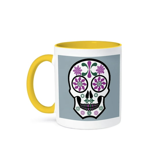 3dRose, Sugar Skulls In Purple, Green and Blue, 15oz Two-Tone Yellow Mug
