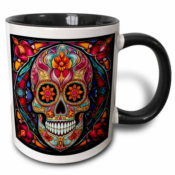 3drose, Sugar Skull with a Festive Background in the Style of Stained Glass., 15oz Two-tone Black Mug