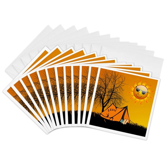 3dRose, Summer Camp Fun Sleeping in a Tent with a Cool Sun., 12 Greeting Cards with envelopes