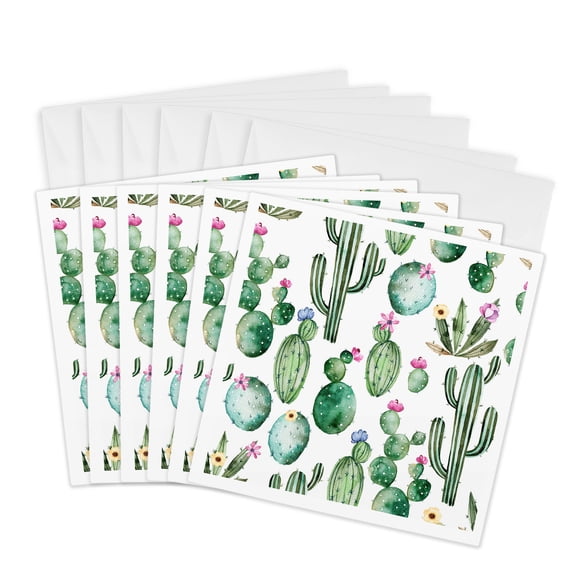 3drose, Summer Fun Desert Watercolor Succulent and Cactus Pattern, 6 Greeting Cards with Envelopes