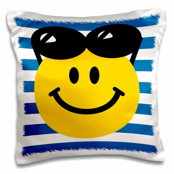 3dRose, Summery smiling face with black sunglasses perched on head - Summer Smilie with shades - blue stripe, 16x16 inch Pillow Case