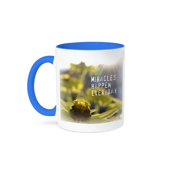 3dRose, Sun and Yellow Zinnia Miracles Flower Inspirations, 15oz Two-Tone Blue Mug