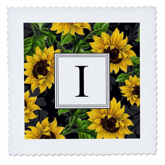 3dRose, Sunflower Letter I Monogram black and yellow flowers classic floral, 10x10 inch quilt square