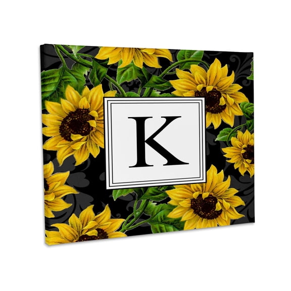 3dRose, Sunflower Letter K Monogram black and yellow flowers classic floral, Museum Grade Canvas Wrap 14x11