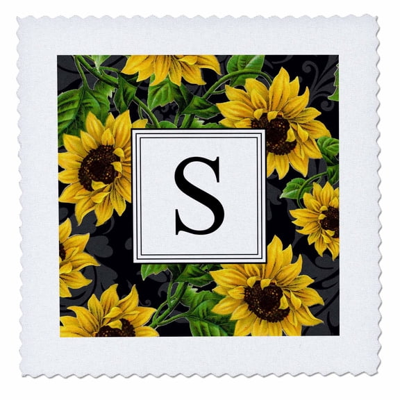 3dRose, Sunflower Letter S Monogram black and yellow flowers classic floral, 12x12 inch quilt square