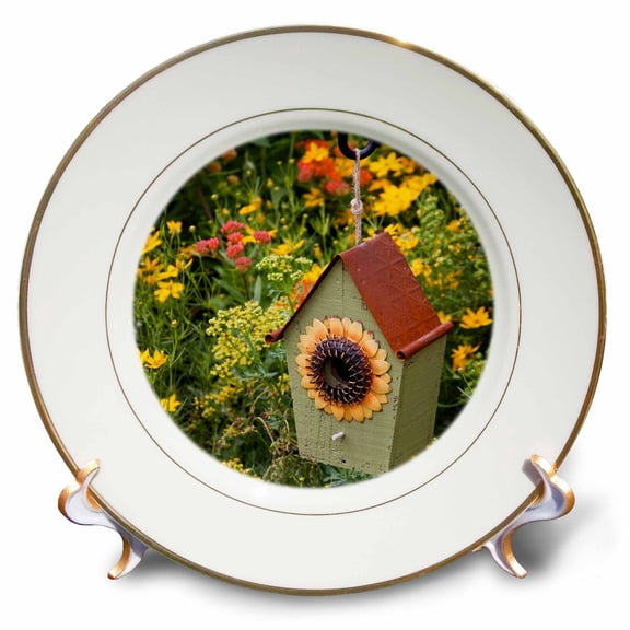 3dRose, Sunflower birdhouse in garden with flowers, 8 inch Porcelain Plate