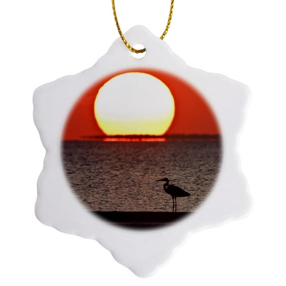3drose, Sunset, Great Blue Heron, Laguna Madre, Texas, Usa - Us44 Ldi0570 - Larry Ditto, 3 inch Snowflake Porcelain Ornament