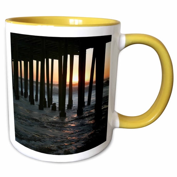 3drose, Sunset Under the Ventura Pier - Ocean, Seascape, Surf, Sunrise, Beach, Landscape, California, Shore, 11oz Two-tone Yellow Mug