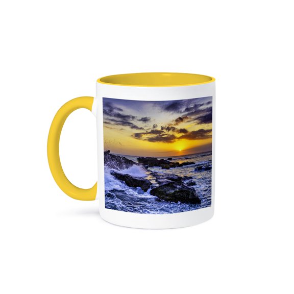 3dRose, Sunset on the Indian Ocean with lava rock islets in the foreground, 15oz Two-Tone Yellow Mug