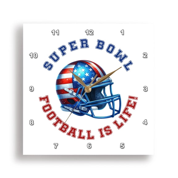3dRose, Super bowl. Football is life text and image of a helmet cool gift, 15x15 Wall Clock