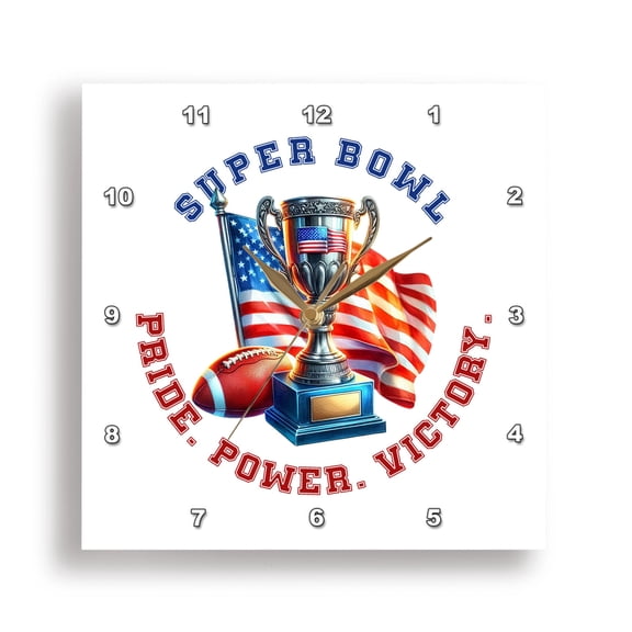 3dRose, Super bowl. Pride. Power. Victory, Patriotic America football gift, 10x10 Wall Clock