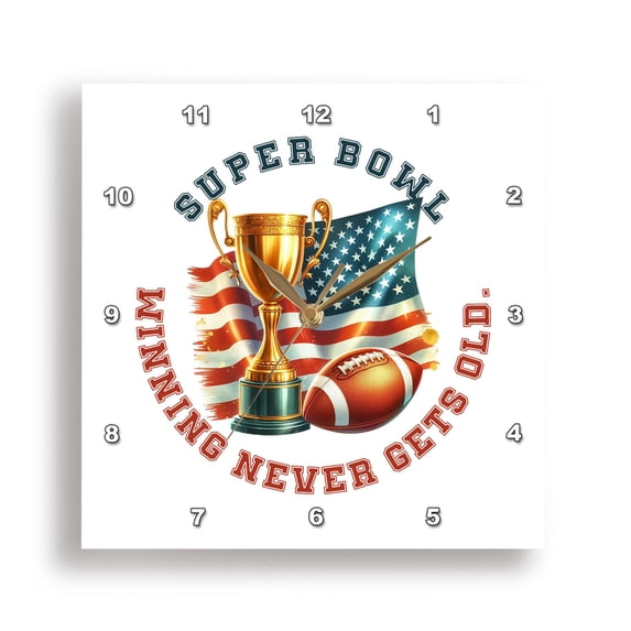3dRose, Super bowl. Winning never gets old, the American flag, bowl, ball, 10x10 Wall Clock