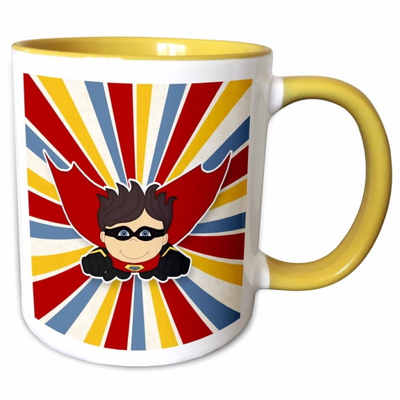 3drose, Superhero Boy in Bold Comic Style of Red Blue and Yellow, 15oz Two-tone Yellow Mug