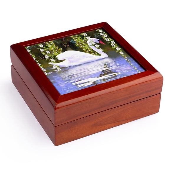 3dRose, Swan Reflections - Photography Bird Art, Jewelry Box 5.5x5.5 inch with 4 inch tile