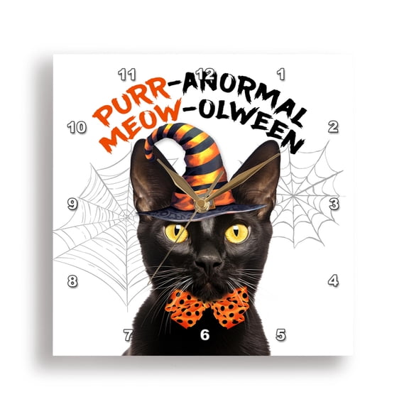 3dRose, Sweet Black Bombay Cat in a Striped Wizard Hat for Halloween, 13x13 Wall Clock