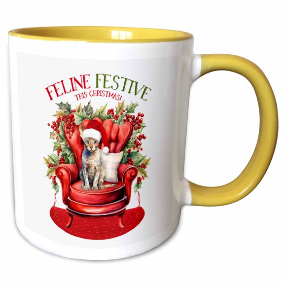 3drose, Sweet Devon Rex Kitty for Cat Moms Christmas Holiday Celebration, 11oz Two-tone Yellow Mug