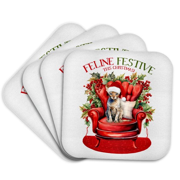 3drose, Sweet Devon Rex Kitty for Cat Moms Christmas Holiday Celebration, Set of 4 Coasters - Soft