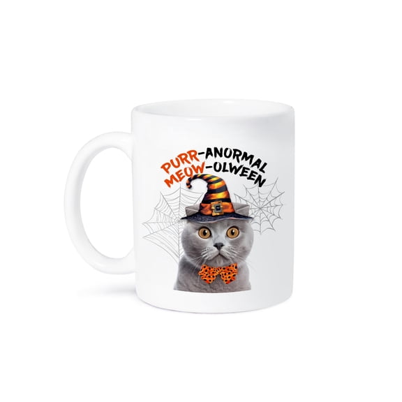 3dRose, Sweet Gray Scottish Fold Cat in Orange and Black Witch Hat Halloween, 11oz Mug