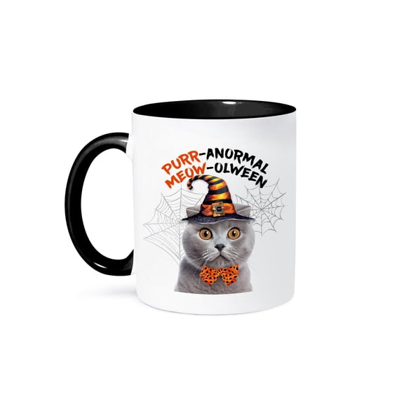 3dRose, Sweet Gray Scottish Fold Cat in Orange and Black Witch Hat Halloween, 11oz Two-Tone Black Mug