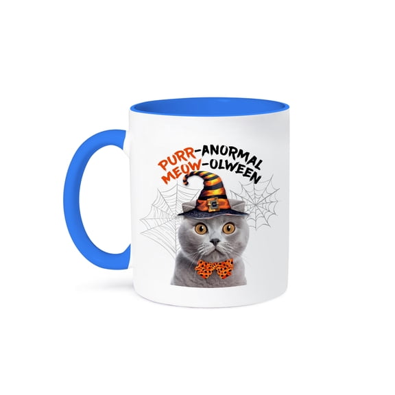 3dRose, Sweet Gray Scottish Fold Cat in Orange and Black Witch Hat Halloween, 15oz Two-Tone Blue Mug