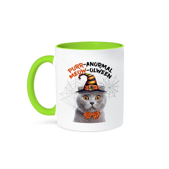 3dRose, Sweet Gray Scottish Fold Cat in Orange and Black Witch Hat Halloween, 15oz Two-Tone Green Mug