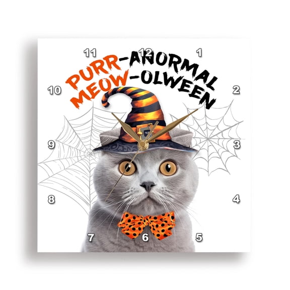 3dRose, Sweet Gray Scottish Fold Cat in Orange and Black Witch Hat Halloween, 15x15 Wall Clock