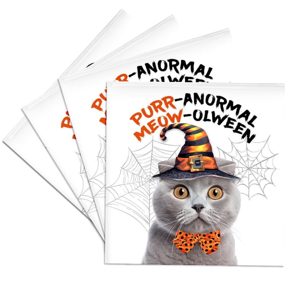 3dRose, Sweet Gray Scottish Fold Cat in Orange and Black Witch Hat Halloween, Set of 4 Ceramic Tile Coasters