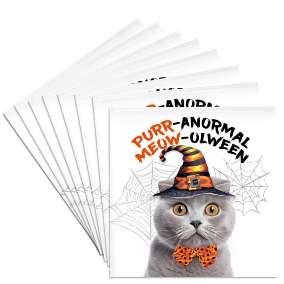 3dRose, Sweet Gray Scottish Fold Cat in Orange and Black Witch Hat Halloween, Set of 8 Ceramic Tile Coasters
