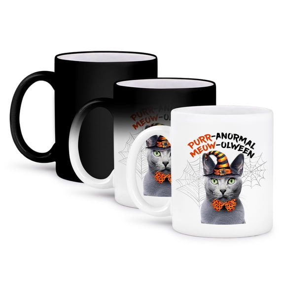 3dRose, Sweet Halloween Cat is a Gray Russian Blue in a Witch Hat, 11oz Magic Transforming Mug