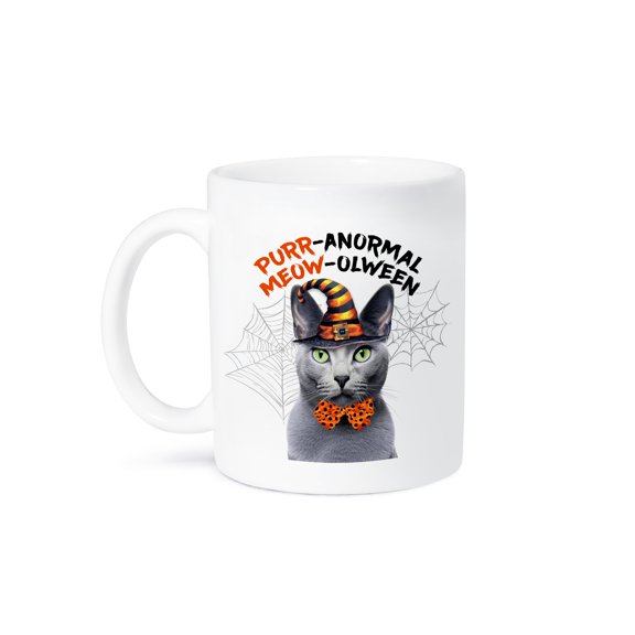 3dRose, Sweet Halloween Cat is a Gray Russian Blue in a Witch Hat, 11oz Mug