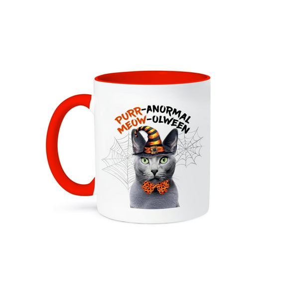 3dRose, Sweet Halloween Cat is a Gray Russian Blue in a Witch Hat, 11oz Two-Tone Red Mug