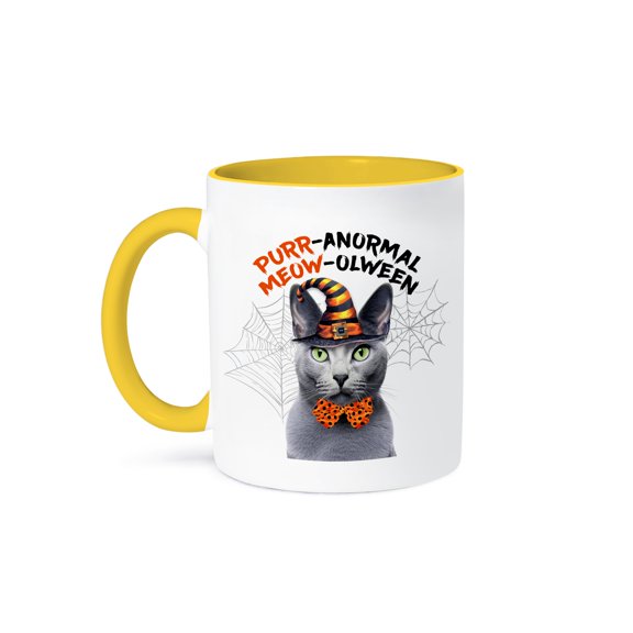 3dRose, Sweet Halloween Cat is a Gray Russian Blue in a Witch Hat, 11oz Two-Tone Yellow Mug