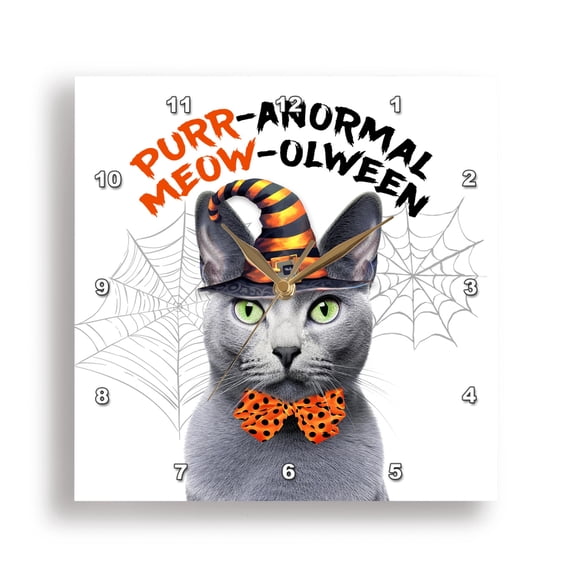 3dRose, Sweet Halloween Cat is a Gray Russian Blue in a Witch Hat, 13x13 Wall Clock