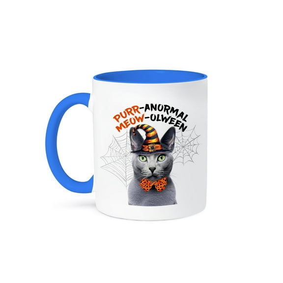 3dRose, Sweet Halloween Cat is a Gray Russian Blue in a Witch Hat, 15oz Two-Tone Blue Mug