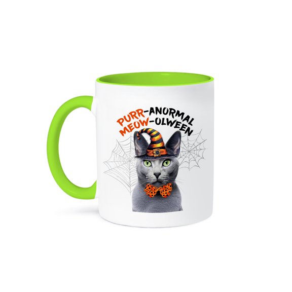3dRose, Sweet Halloween Cat is a Gray Russian Blue in a Witch Hat, 15oz Two-Tone Green Mug