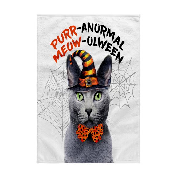 3dRose, Sweet Halloween Cat is a Gray Russian Blue in a Witch Hat, 15x22 Hand Towel